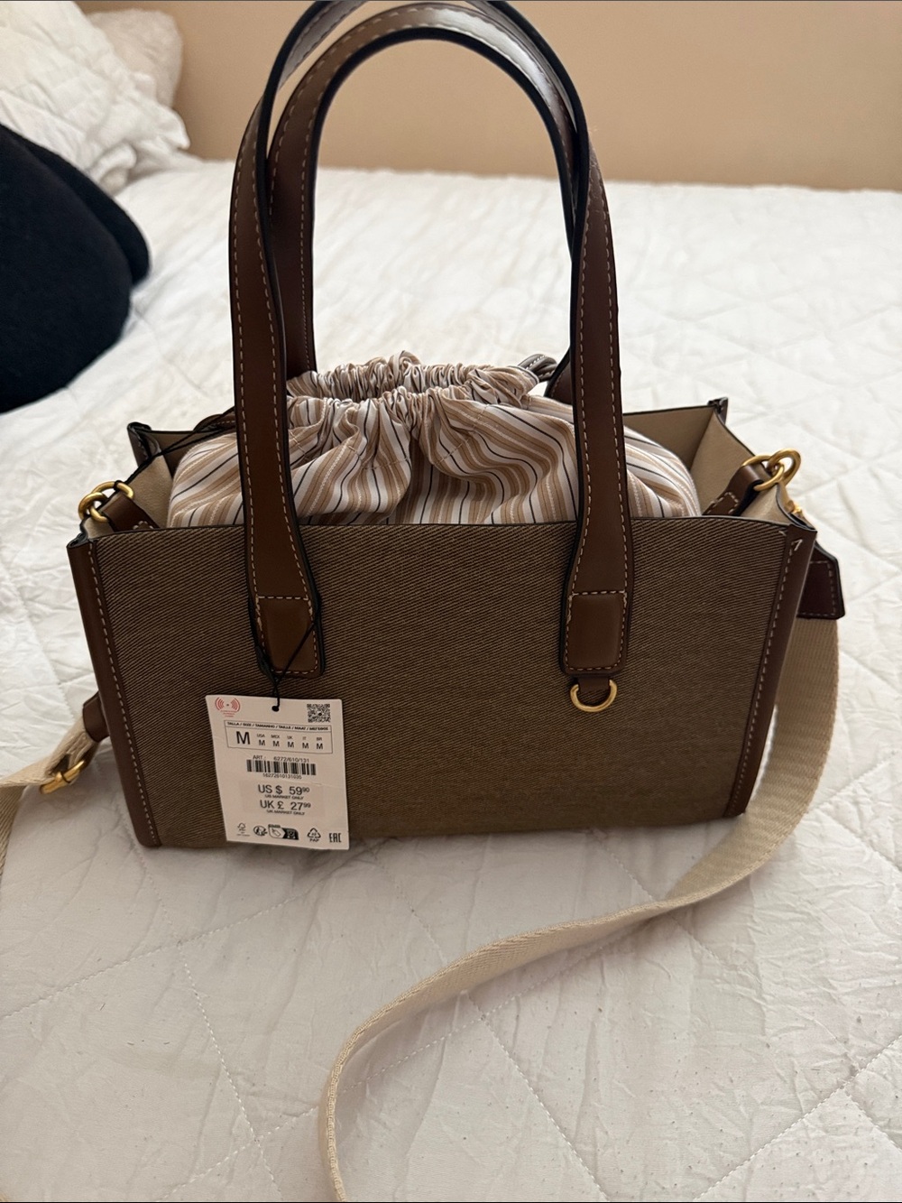 NWT Zara Brown Structured Shoulder Bag with Striped Drawstring Insert